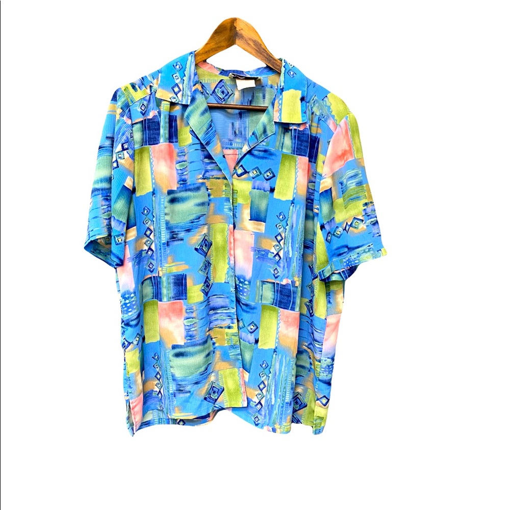 VTG DonnKenny XL Blue, Green and Pink Retro Print Button Down Ladies Shirt